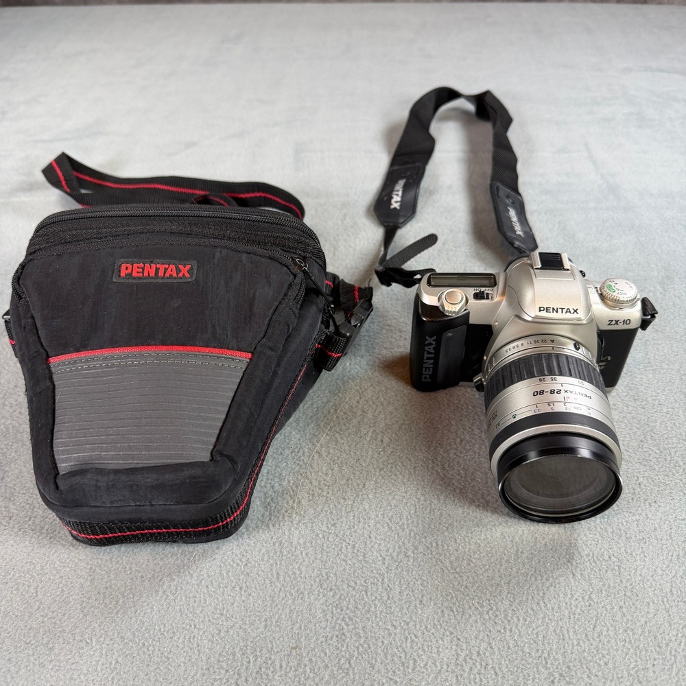Pentax ZX-10 35mm SLR Film Camera with 28-80mm Lens and Case Silver Black